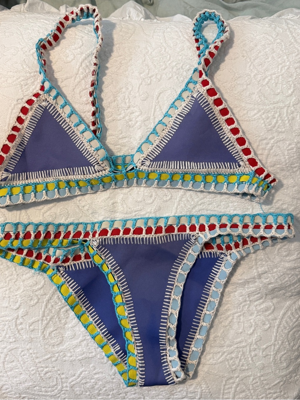 KIINI Purple Bikini with Red, Turquoise & Yellow Crochet Trim